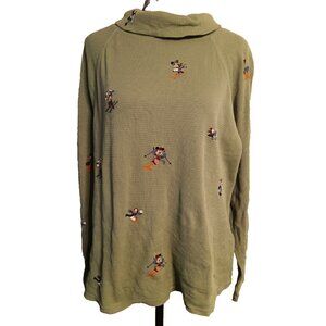 Disney Green Waffle Knit Thermal Shirt, Mickey Pluto Goofy Skiing Medium/Large